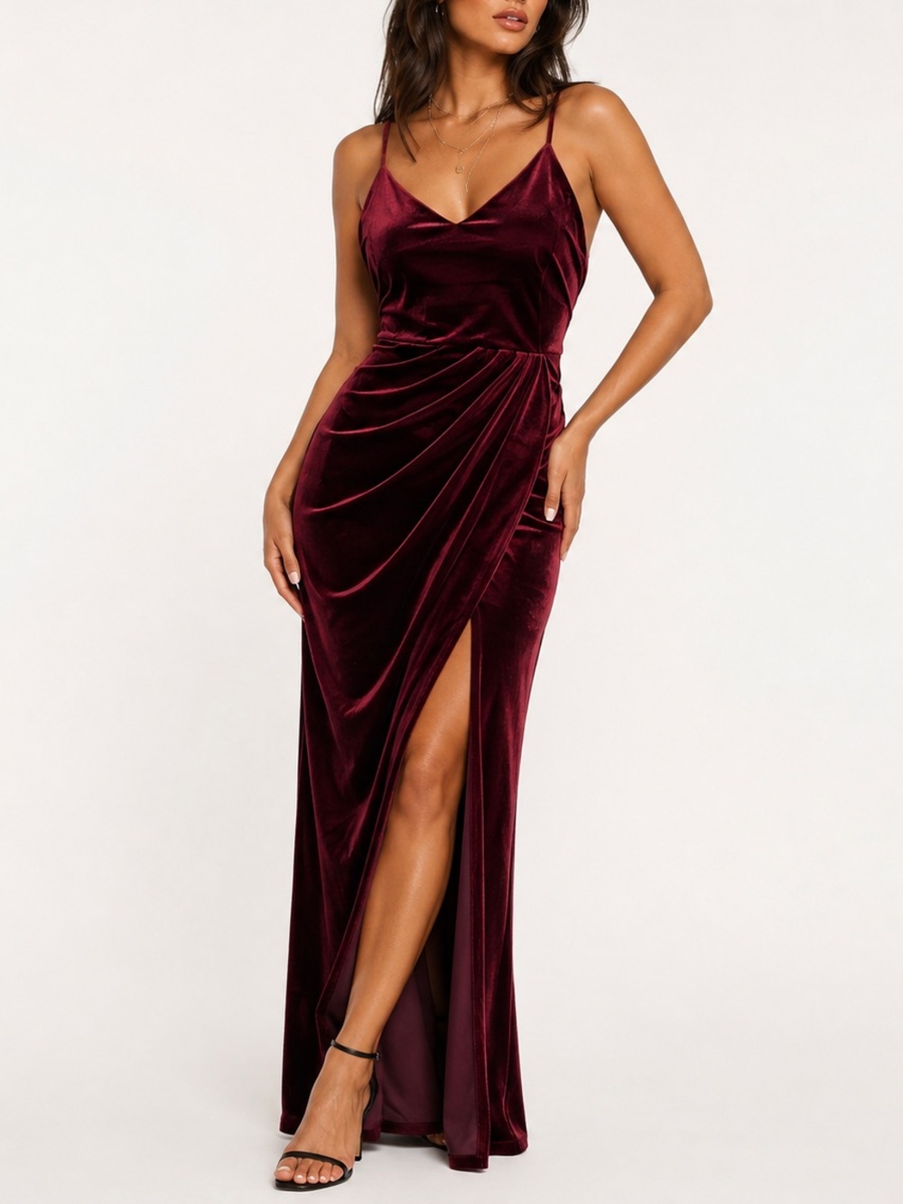 Ababalaya Burgundy Velvet Maxi Dress Ruched Side Slit Formal Party Dress Large